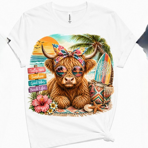 Beach Highland Cow Graphic T-Shirt